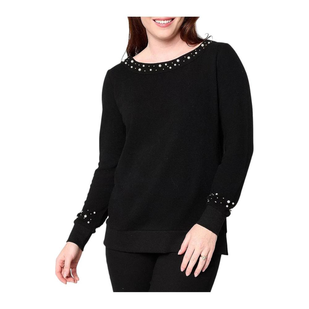 Jingle Belles by Kim Gravel Women's Simulated Pearl Boatneck Top Black - Regular